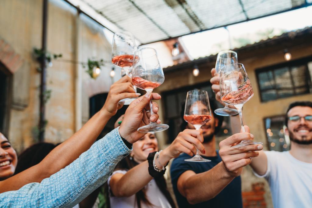 A group of friends making a celebratory toast with wine glasses at a party