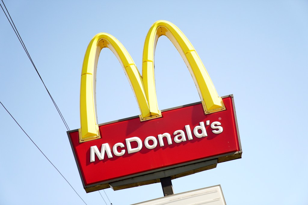 A red and yellow McDonald's sign in Little Falls, NJ on October 23, 2023.