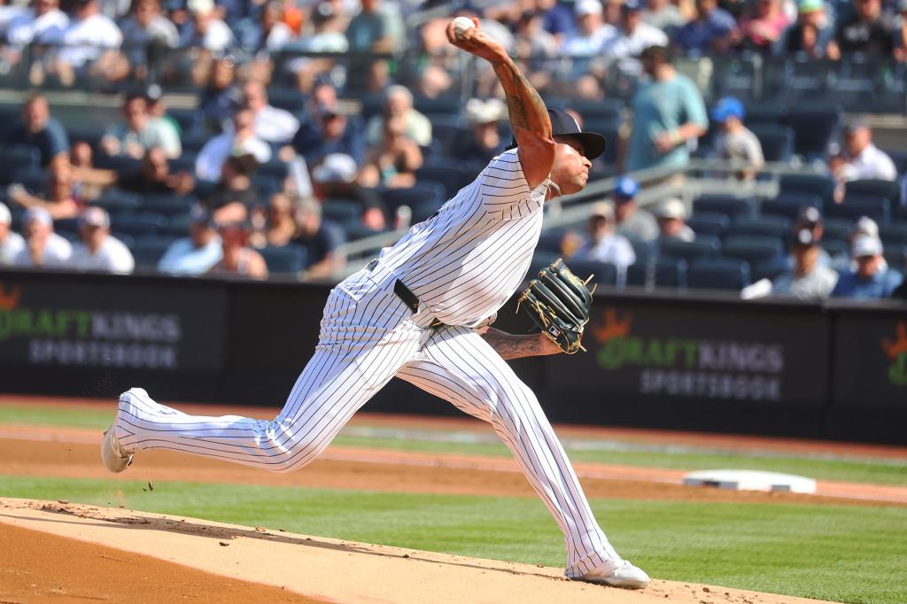 New York Yankees pitcher Luis Gil (81) pitches in the first inning when the New York Yankees played the Baltimore Orioles Thursday, June 20, 2024 at Yankee Stadium in the Bronx, NY. 