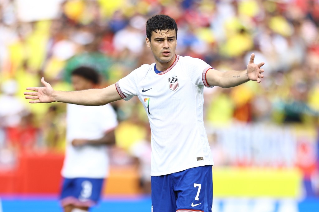 Gio Reyna #7 of United States reacts during the first half against Colombia  at Commanders Field on June 08, 2024 