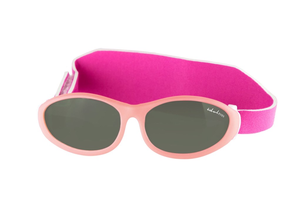 A pink sunglasses with a pink strap