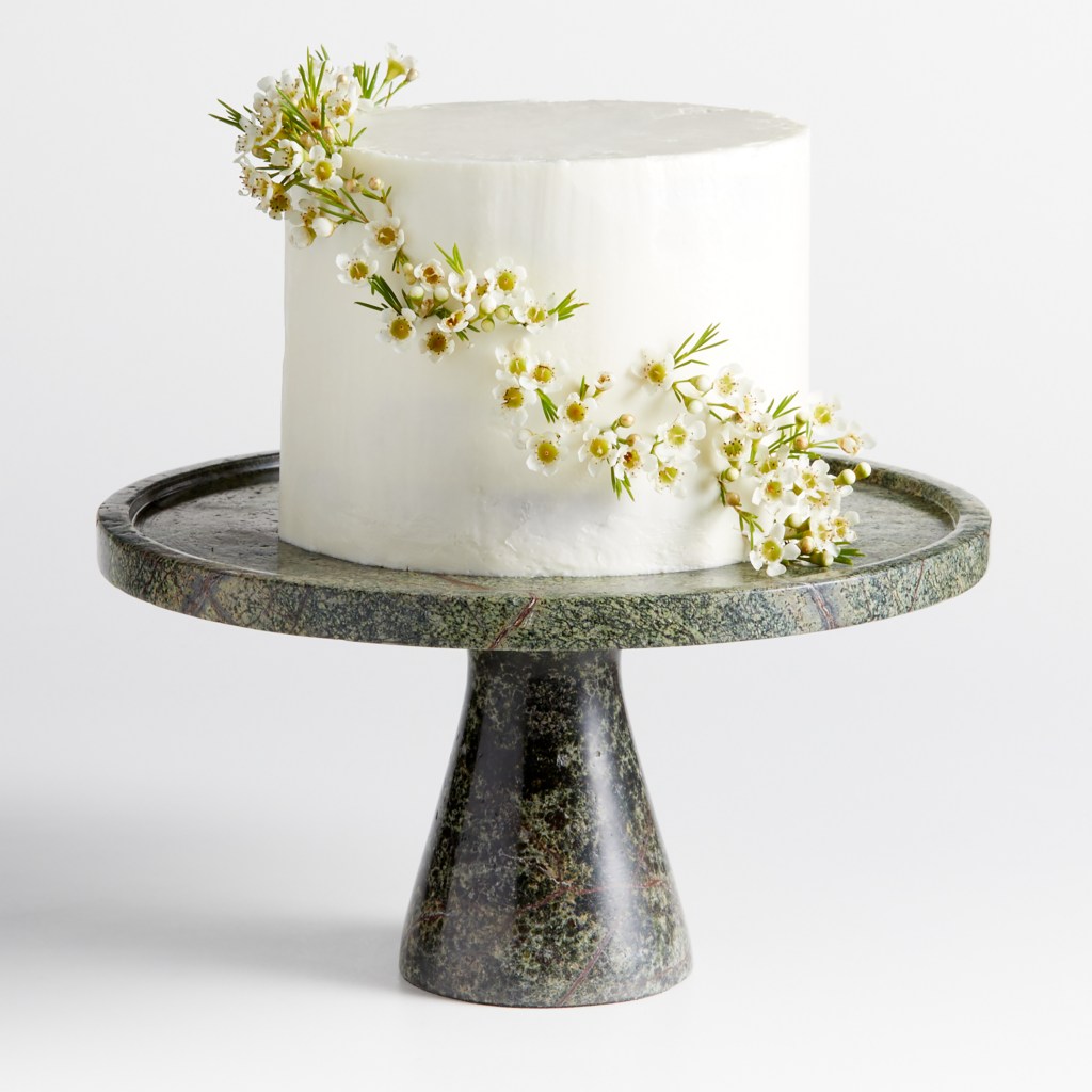 Green Moss Marble Pedestal Cake Stand by Laura Kim with a decorated cake on top