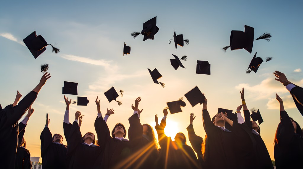 Group of cheerful student throwing graduation hats in the air. 