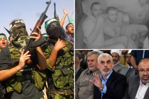 comp from (L) to (R): (L) Hamas attend the funeral of Tariq Abu Hussein, (Top R) Israel Police published body camera footage of Yamam fighters raiding the apartment where Gaza hostages Shlomi Ziv, Andrey Kozlov, and Almog Meir Jan were being held captive and rescuing them on Monday, (Bottom R) Yahya Sinwar, head of Hamas in Gaza, greets his supporters upon his arrival at a meeting in a hall on the sea side of Gaza City, on April 30, 2022