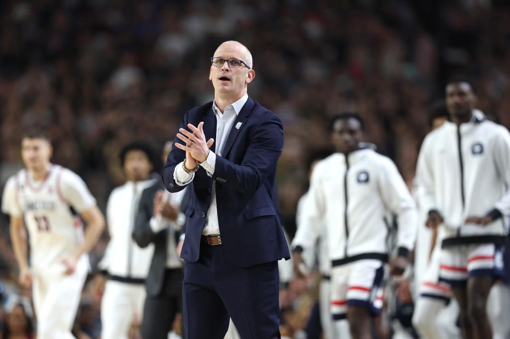 Head coach Dan Hurley of the Connecticut Huskies reacts in the first half against the Purdue Boilermakers during the NCAA Men's Basketball Tournament National Championship game at State Farm Stadium on April 8, 2024 in Glendale, Arizona.  