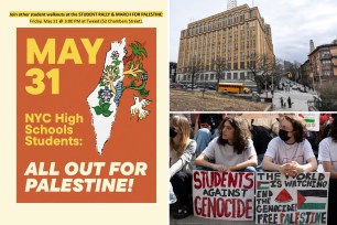 Front page of a protest guide from a George Soros-funded nonprofit which says "May 31 NYC High Schools Students: All Out for Palestine!" ; pro-Palestine protestors holding signs at a protest and the exterior of Brooklyn Tech High School