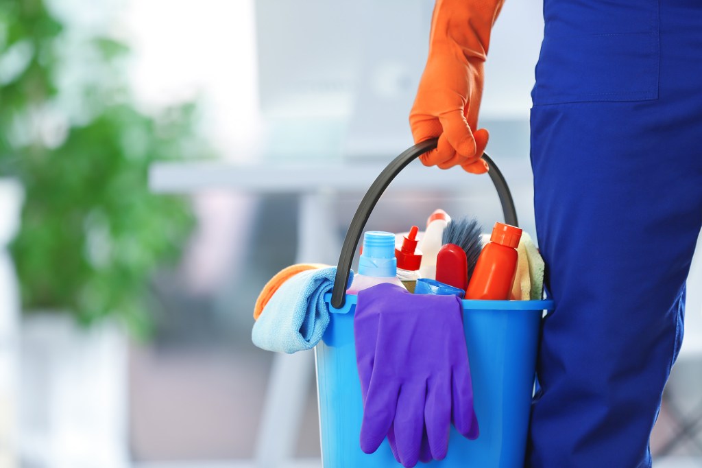 someone holding a bucket of cleaning supplies. 