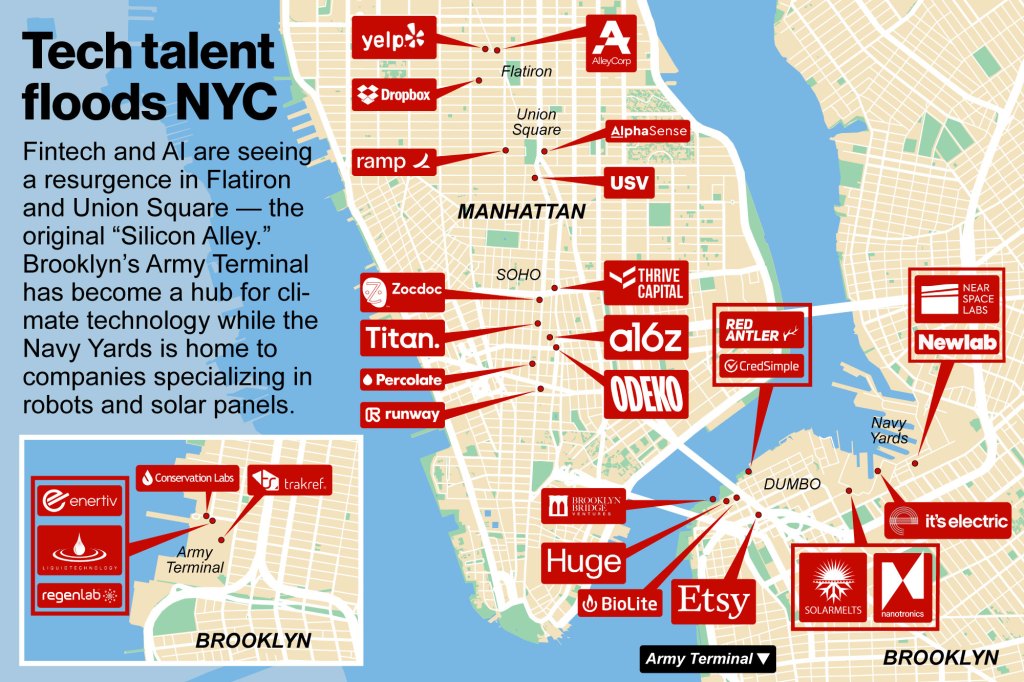 A map of New York City highlighting different NYC-based businesses.