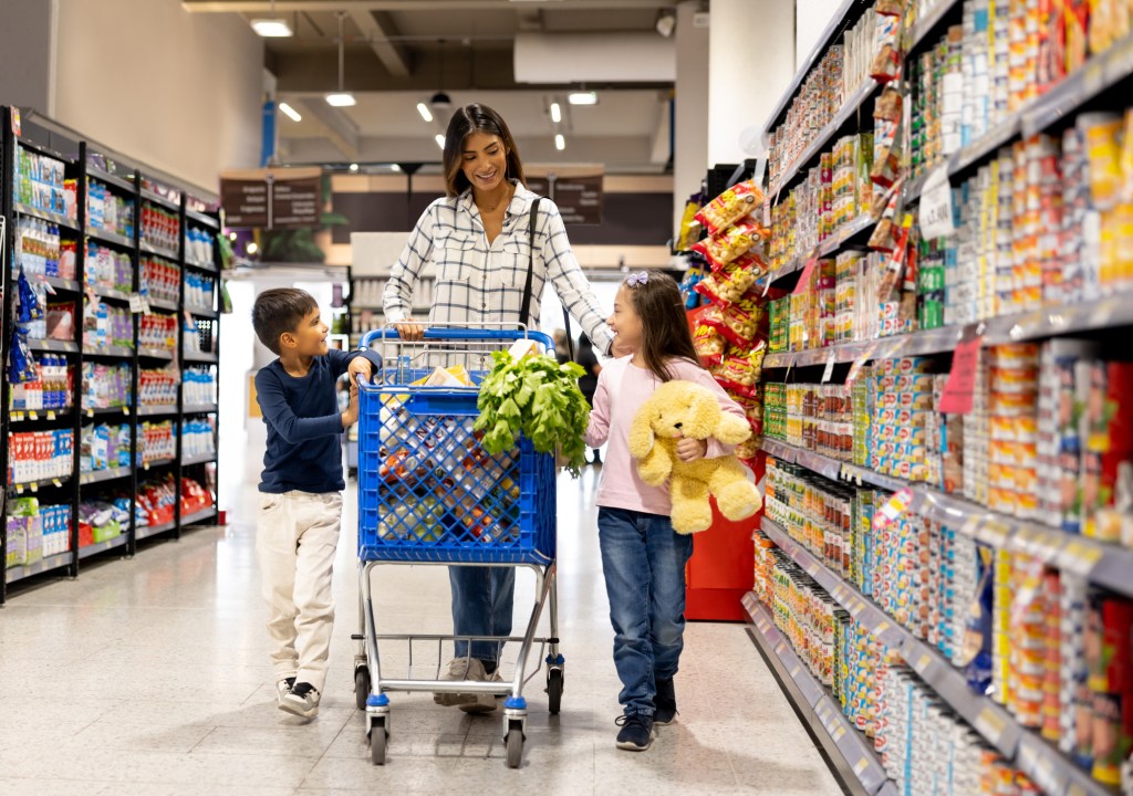 Happy Latin American woman grocery shopping at the supermarket with her children and smiling while pushing a shopping cart