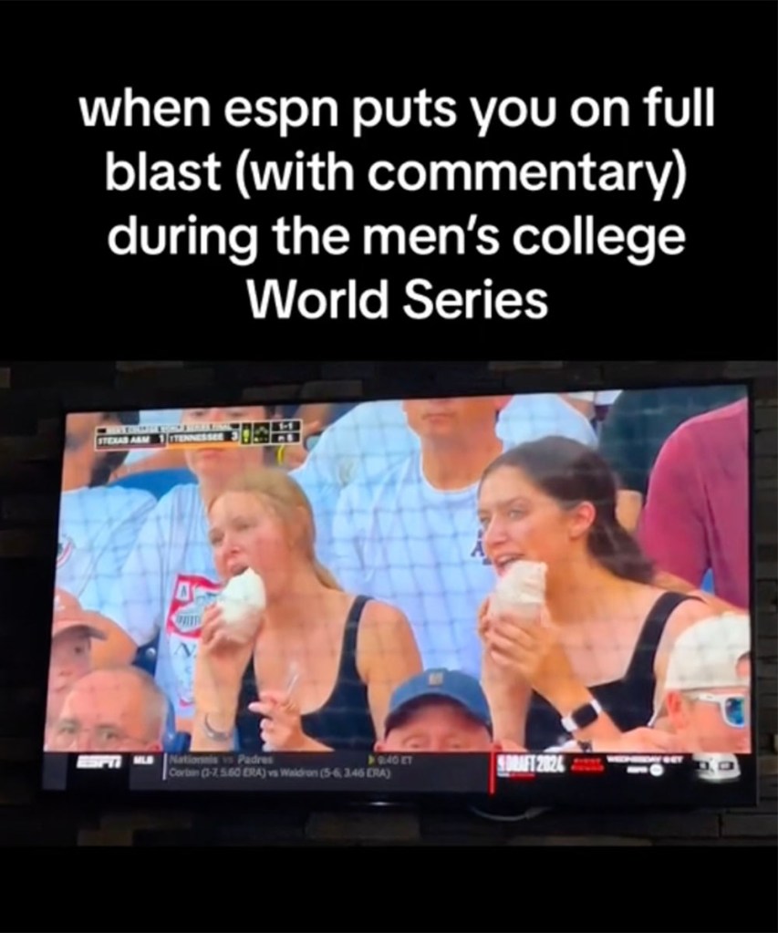 A woman blasted ESPN for dedicating a "20-second segment" on TV to her and her friend eating ice cream while at the Men's College World Series Championship game in Omaha on June 24, 2024. 