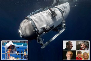 A submersible named Titan, operated by OceanGate Expeditions, diving underwater to explore the Titanic wreckage, with people nearby