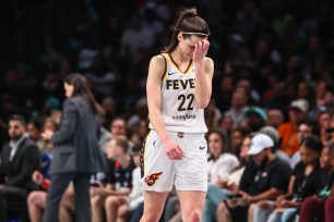 Caitlin Clark reacts during the Fever's loss to the Liberty ib June 2, 2024. 