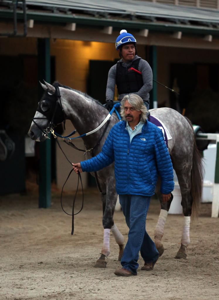 Hall of Fame trainer Steve Asmussen walking with Iron Fist in 2017.
