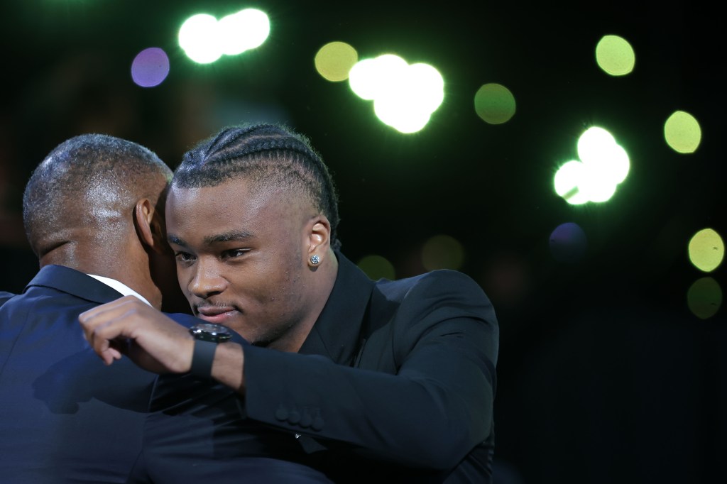 Isaiah Collier reacts after being selected in the first round by the Utah Jazz in the 2024 NBA Draft at Barclays Center. 