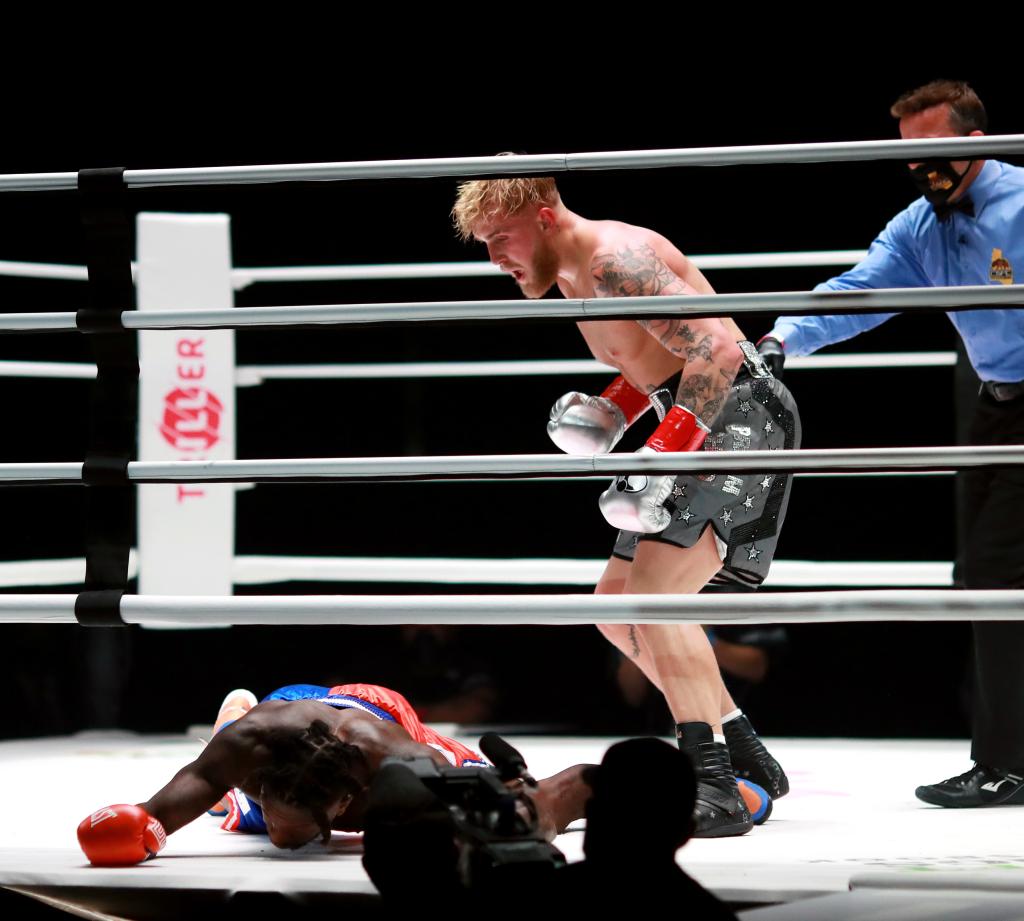 Jake Paul reacts over his knockout victory against Nate Robinson in the second round during Mike Tyson vs Roy Jones Jr. presented by Triller at Staples Center on November 28, 2020 in Los Angeles, California.  