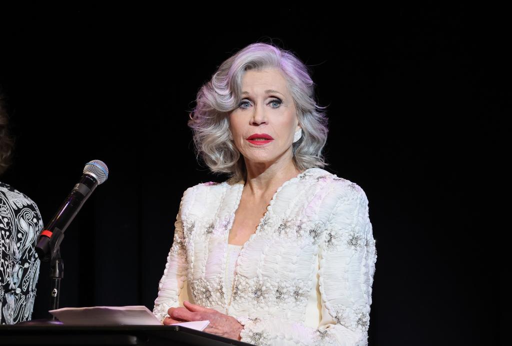 Jane Fonda speaks on stage during Era Coalition Forward Women's Equality Trailblazer Awards in May 2024.