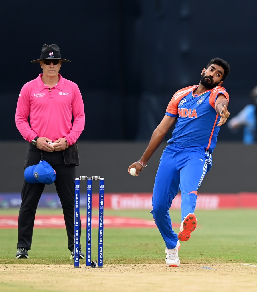 Jasprit Bumrah of India in bowling action during the ICC Men's T20 Cricket World Cup match between India and Ireland