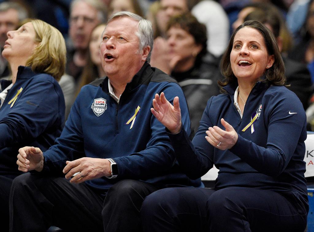 United States' assistant coaches Dan Hughes and Jennifer Rizzotti in the second half of an exhibition basketball game, Monday, Jan. 27, 2020, in Hartford, Conn.  