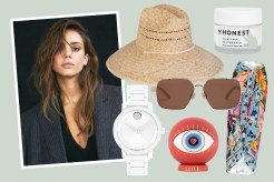 Collage of Jessica Alba wearing a hat, sunglasses and a white watch