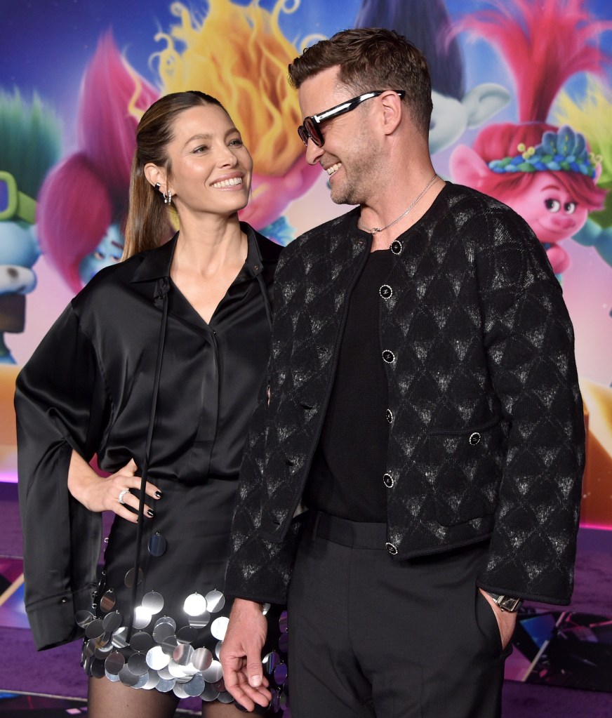 Jessica Biel and Justin Timberlake at the "Trolls: Band Together" premiere