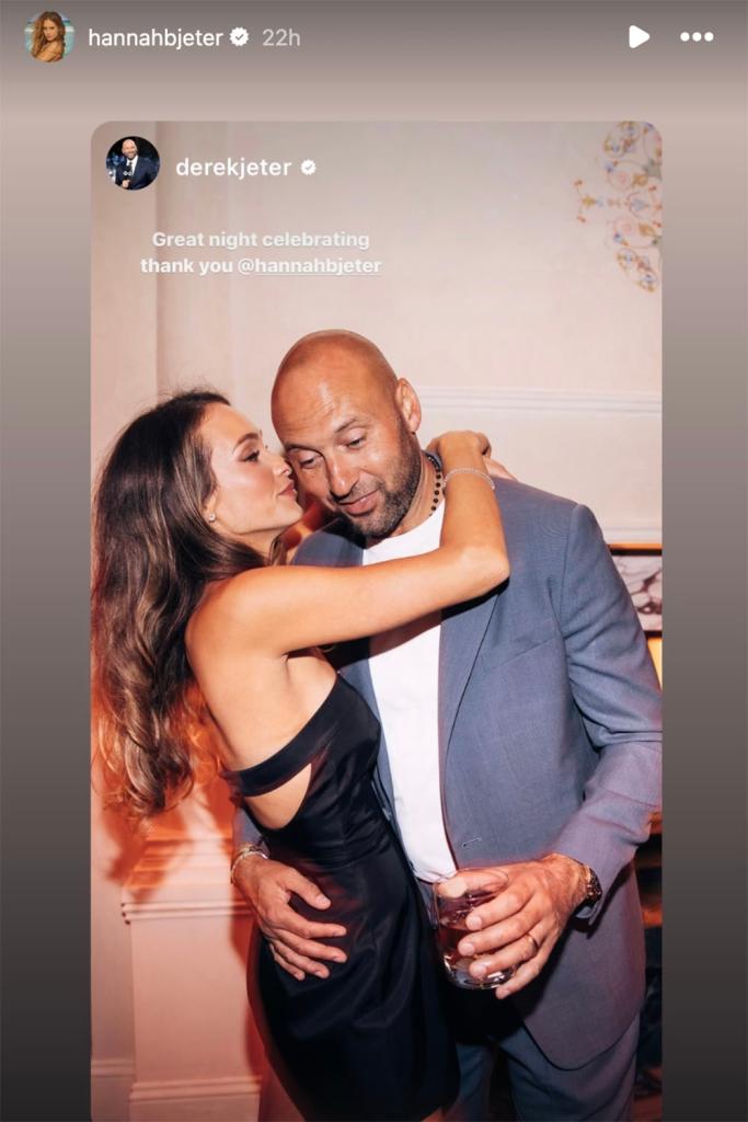 Derek Jeter and his wife Hannah Jeter share a sweet moment at his surprise birthday party at ZZ's Club New York inside Hudson Yards in June 2024. 