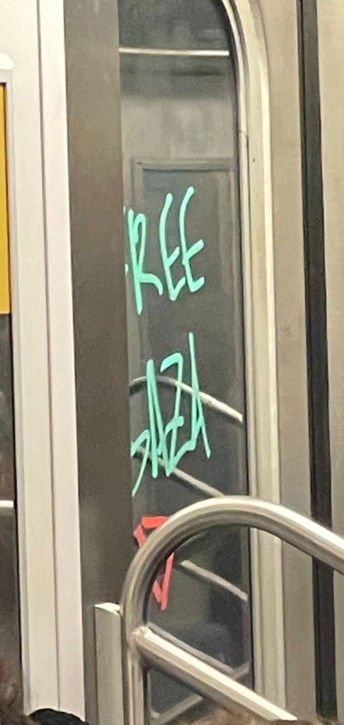 "Free Gaza" is seen scrawled across a train door.