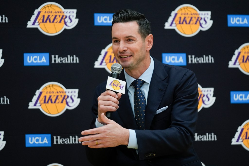 JJ Redick speaks after being introduced as the new head coach of the Los Angeles Lakers