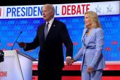 President Joe Biden walks off with first lady Jill Biden following the CNN Presidential Debate at the CNN Studios on June 27, 2024 in Atlanta, Georgia.