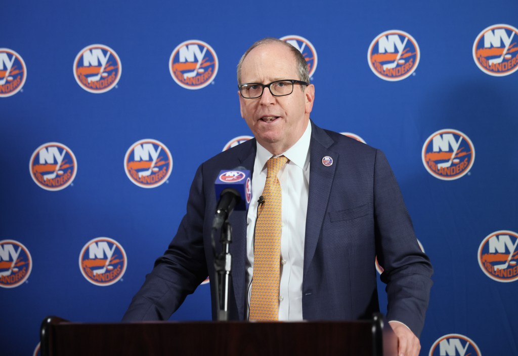 Jon Ledecky speaks with the media prior to the game between the New York Islanders and the New York Rangers at the UBS Arena.