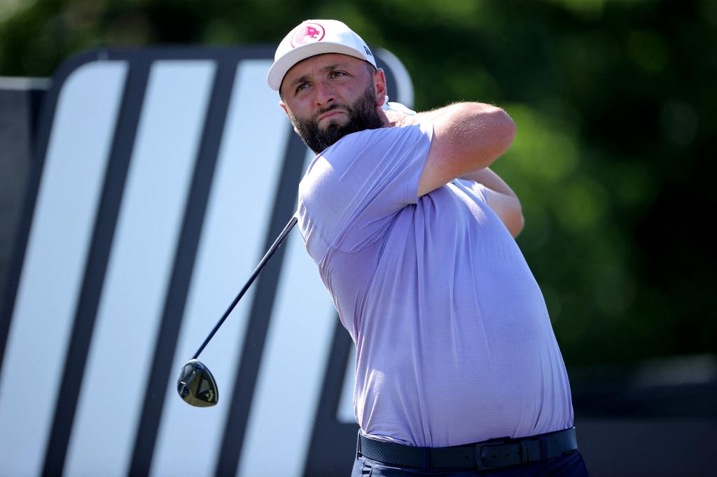 Jon Rahm hits a shot during LIV Golf's event in Humble, Texas on June 7, 2024.