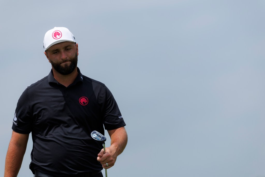  Jon Rahm of Legion XIII reacts as he walks off the ninth green during day three of the LIV Golf Invitational on Sunday.