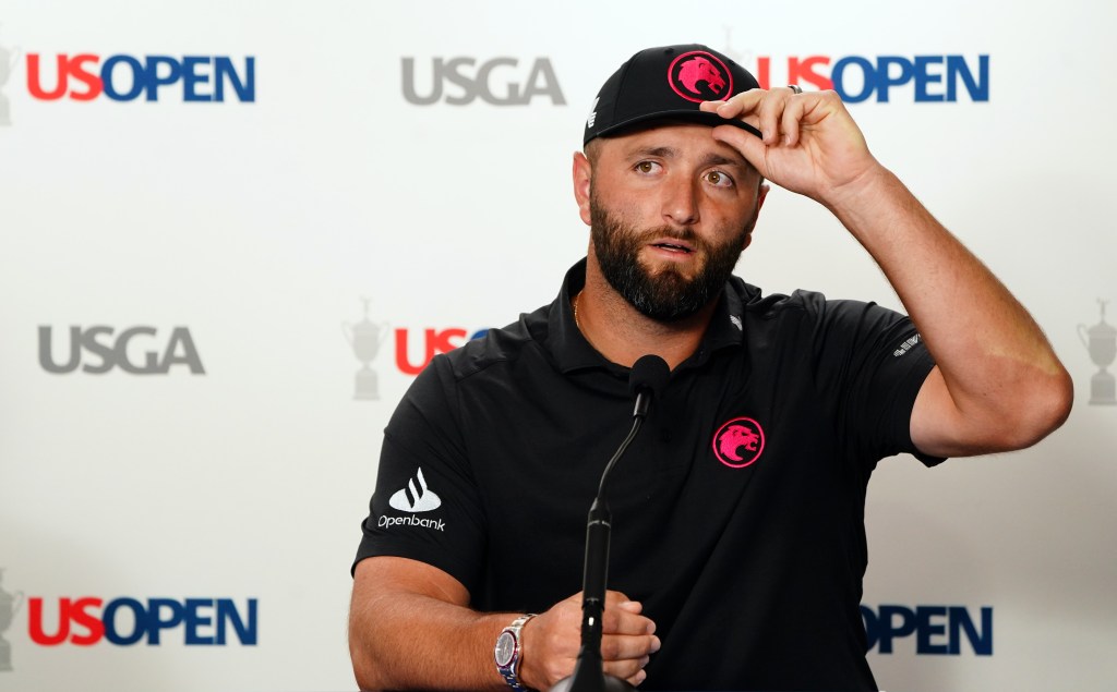 Jon Rahm speaks to the media at the US Open on Tuesday.