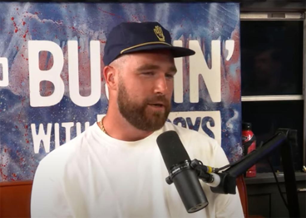 Travis Kelce talks about Taylor Swift on the “Bussin’ With The Boys” podcast with he Will Compton and Taylor Lewan on June 25, 2024. 
