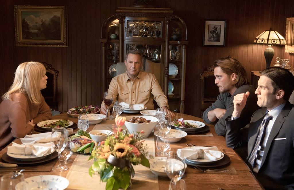 Kelly Reilly, Kevin Costner, Luke Grimes, and Wes Bentley in "Yellowstone"