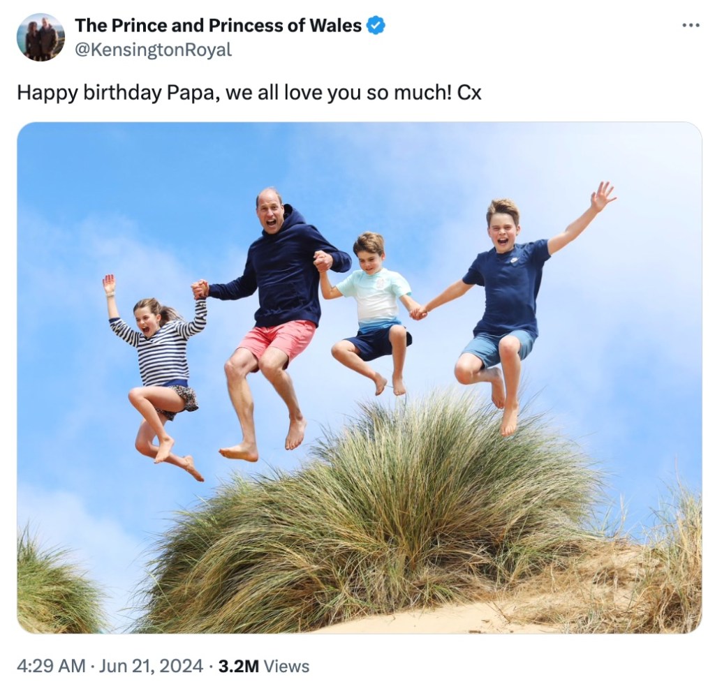 Prince George of Cambridge, Prince William, Duke of Cambridge, and Ross Malinger jumping in the air in celebration, posted by Kensington Royal with a birthday message for Papa