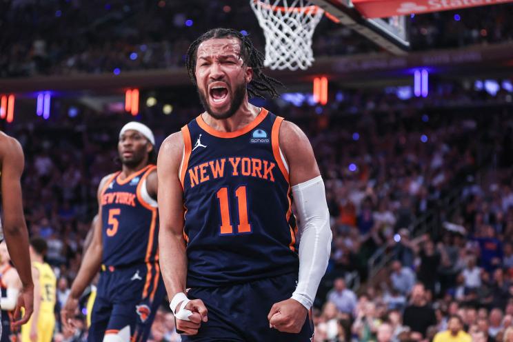 New York Knicks guard Jalen Brunson (11) celebrates in the third quarter after scoring against the Indiana Pacers during game two of the second round for the 2024 NBA playoffs at Madison Square Garden.