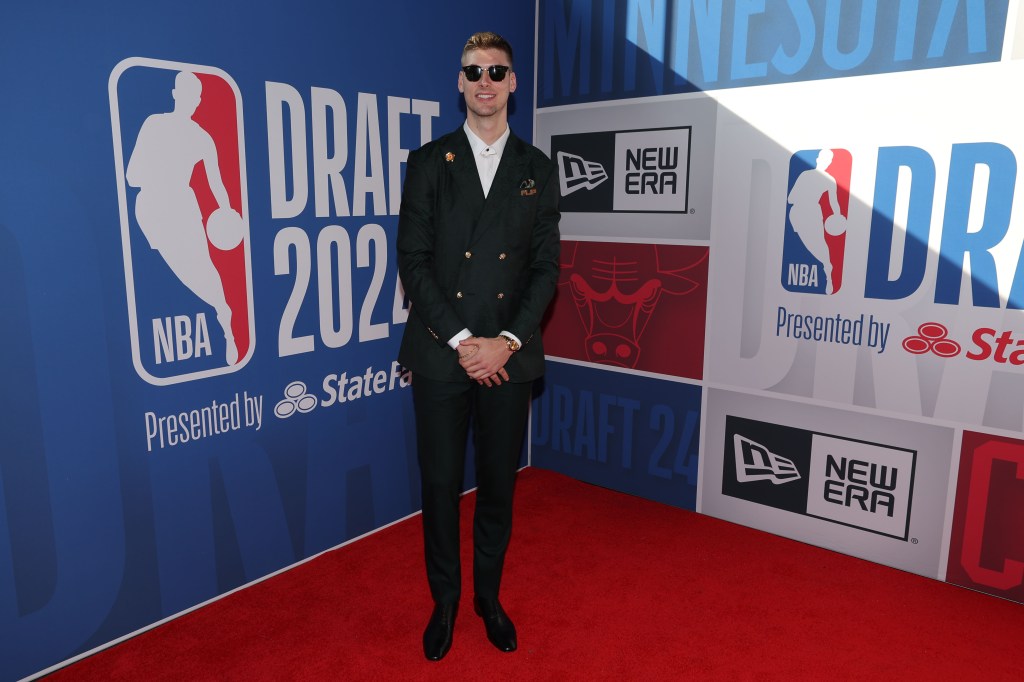 Kyle Filipowski arrives before the first round of the 2024 NBA Draft at Barclays Center.