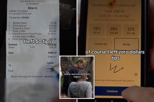 A close-up image of a receipt showing zero dollars tip, related to a TikTok video series about the controversial practice of not tipping in Los Angeles.