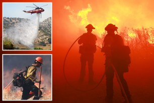Firefighters from the Los Angeles Fire Department responding to a wildfire in the Hungry Valley State Vehicular Recreation Area, California