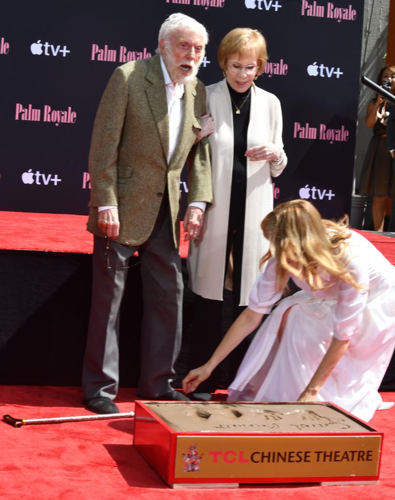 Laura Dern to the rescue as Dick Van Dyke drops his cane as Carol Burnett gets her hand and footprints in cement at TCL Chinese Theatre in Hollywood.