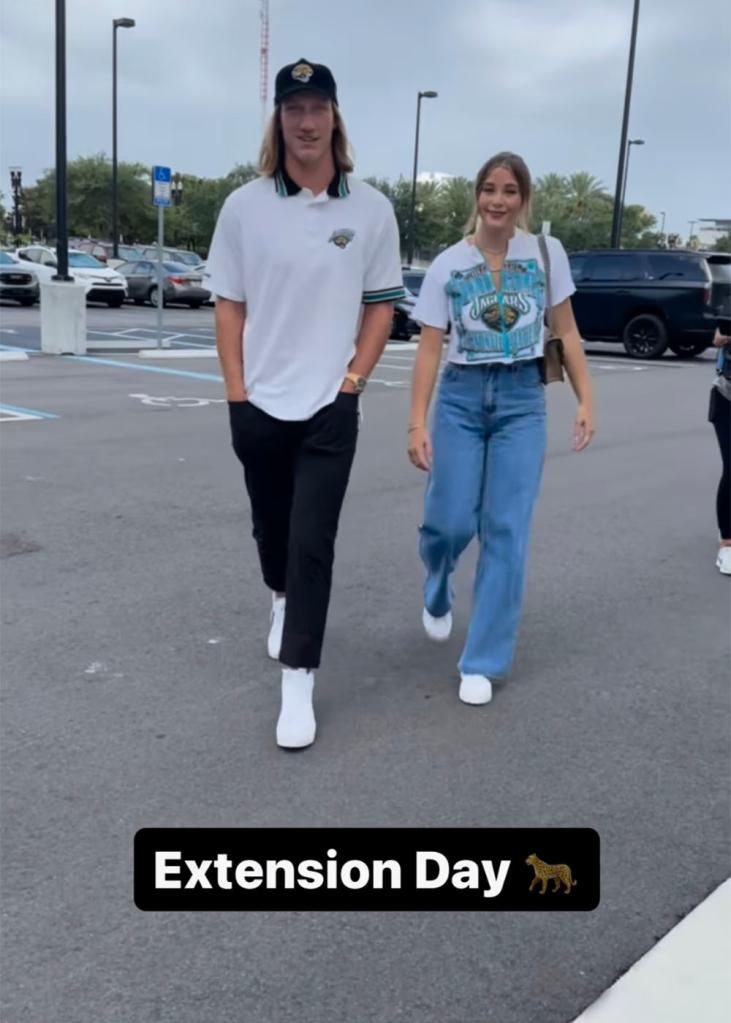 Jaguars quarterback Trevor Lawrence and his wife Marissa at the team facility to sign his contract extension on June 20, 2024.