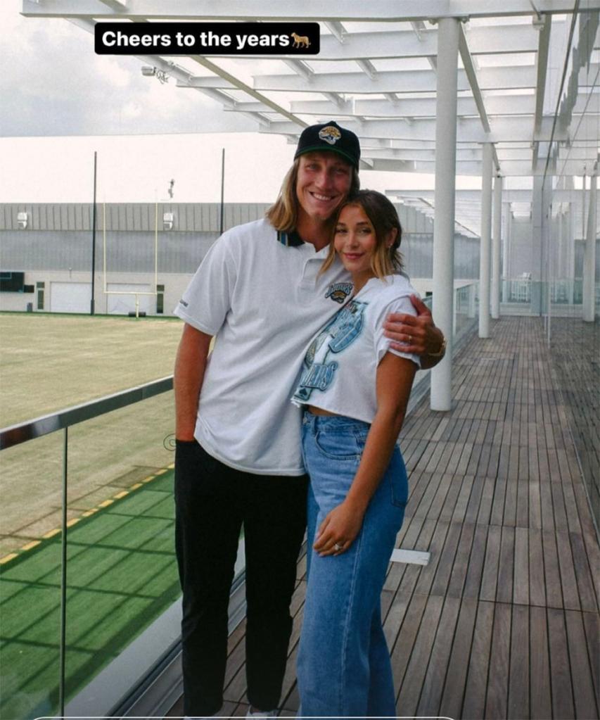 Jaguars quarterback Trevor Lawrence and his wife Marissa at the team facility to sign his contract extension on June 20, 2024.