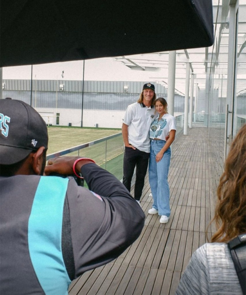 Jaguars quarterback Trevor Lawrence and his wife Marissa at the team facility to sign his contract extension on June 20, 2024.