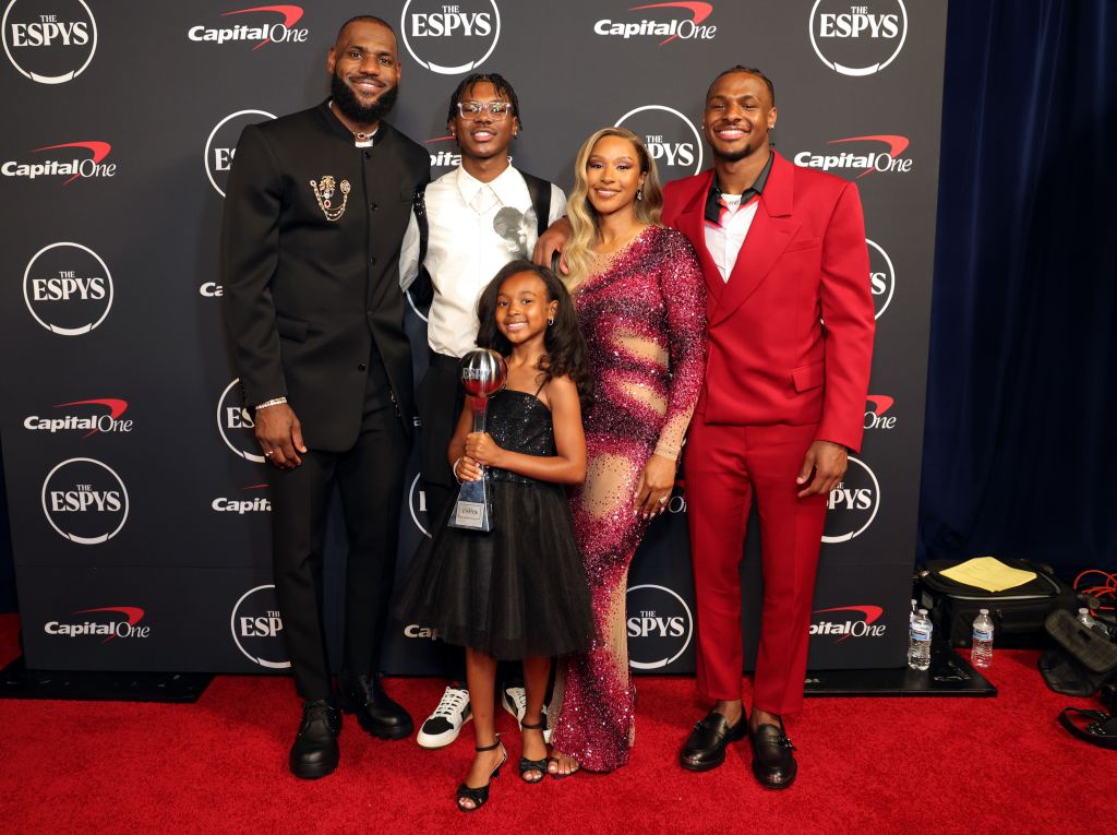 LeBron James, winner of Best Record-Breaking Performance, Bryce James, Zhuri James, Savannah James, and Bronny James attend The 2023 ESPY Awards at Dolby Theatre on July 12, 2023 in Hollywood, California.  