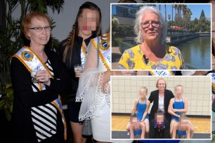 composite photo: left, koralea slagle on the peru trip with her charges; inset upper right then usta president karen cammer in a yellow and grey top, outside with palm trees behind her; lower right slagle with two twirlers whose faces are obscured