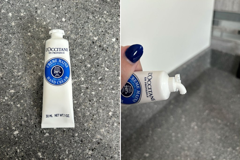 Left: A tube of L'Occitane hand cream; Right: A hand squeezing a tube of hand cream