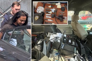 A collage of a man in a car wearing a police mask, surrounded by various objects