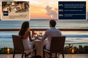 A man and woman enjoying a luxury dinner with wine glasses on a beach-side deck at sunset