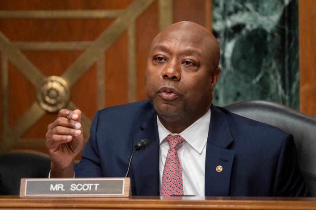 Sen. Tim Scott (R-SC) makes an opening statement before Federal Reserve Chair Jerome Powell testifies to the Senate Banking Committee on the second of two days of semi-annual testimony to Congress in Washington on March 7, 2024.
