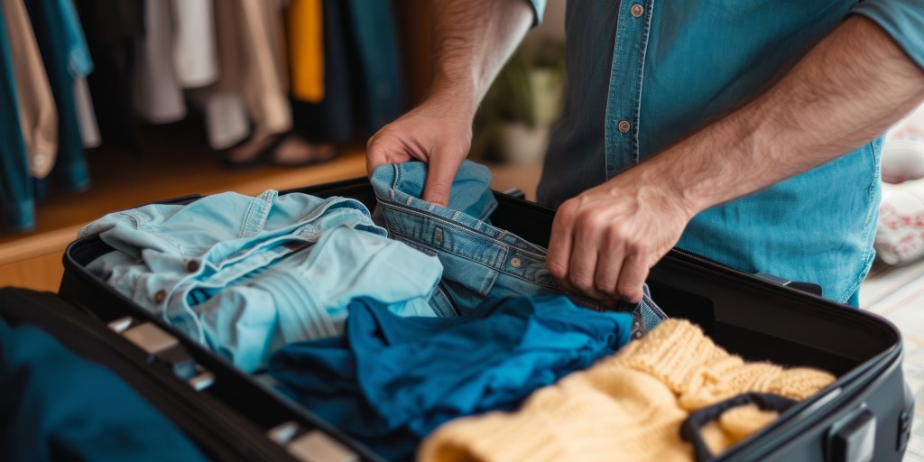 Man meticulously packing clothes, including a pair of jeans, into a suitcase for travel.